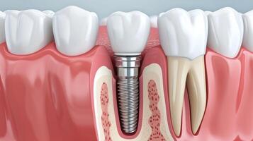 ai generado explorar el complejidades de dental implantologia con un sección transversal de el mandíbula exhibiendo un incrustado implante en el chicle. ai generado foto