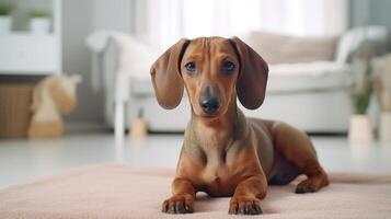 ai generado un linda perro tejonero salones en un blanco vivo habitación alfombra. ai generado. foto