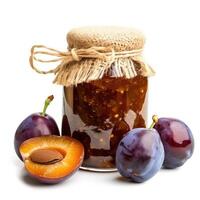 AI generated A jar of homemade marian plum jam with fresh marian plum, isolated on a white background. Ai Generated. photo