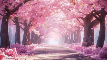 AI generated A picturesque alley adorned with cherry blossoms, capturing the enchanting beauty of spring. Ai Generated. photo