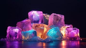 AI generated A heap of assorted wet ice cubes on a black background, bathed in vibrant illumination, Ai Generated. photo