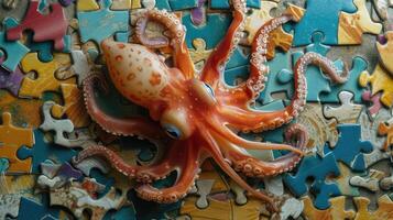 AI generated squid engrossed in a jigsaw puzzle challenge, Ai Generated. photo