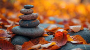 AI generated A stone tower, a testament to balance, rises amid the colors of fall in a serene setting. Ai Generated. photo