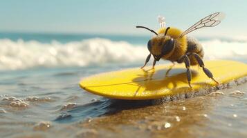 ai generado un linda abeja tablista disfruta un lleno de diversión verano día a el playa, montando olas con entusiasmo, ai generado. foto