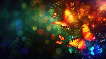 AI generated Radiant butterflies dance in a dark backdrop, enhancing a magical abstract wallpaper. Ai Generated. photo