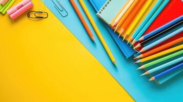 AI generated Dynamic back-to-school background featuring an array of vibrant and colorful pencils, igniting excitement for learning, Ai Generated. photo