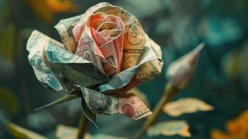AI generated Close up of rose crafted from paper banknotes, symbolizing luxury and creativity. Ai Generated. photo