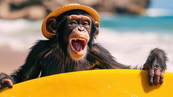 AI generated A cute chimpanzee surfer enjoys a fun-filled summer day at the beach, riding waves with enthusiasm, Ai Generated. photo