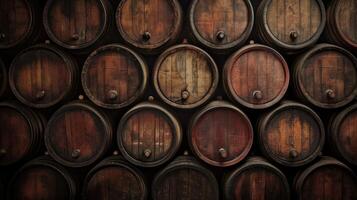 AI generated Vintage wine barrels create a rustic backdrop with inviting empty space, Ai Generated. photo