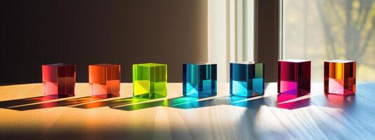 AI generated Multicolored cubes arranged neatly on wooden table, vibrant and eye-catching. Ai Generated photo