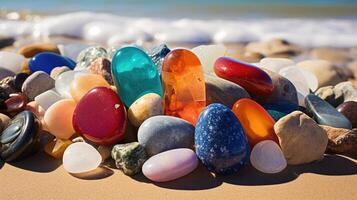 AI generated Assorted gemstones glisten atop sunny beach sands, creating vibrant allure. Ai Generated photo