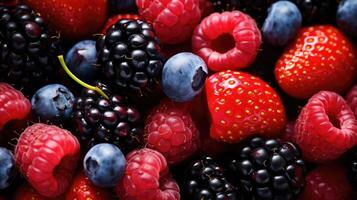 AI generated Vibrant macro shot captures mixed fresh berries and fruit slices in exquisite detail. Ai Generated photo