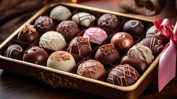 AI generated Elegant chocolate bonbons, varied fillings, exquisite decorations. Pure indulgence, Ai Generated. photo