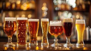 AI generated Array of chilled beer glasses, varied brews, blurred bar scene, Ai Generated. photo