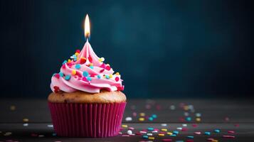 AI generated Birthday cupcake, one candle. Sweet celebration simplicity, Ai Generated. photo