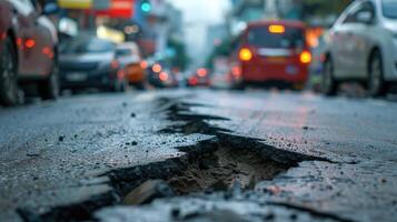 ai generado en el bullicioso paisaje urbano, un largo grieta Marte el camino, reticente a el retos de urbano infraestructura. ai generado. foto