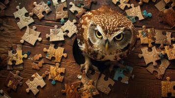 AI generated Cute owl engrossed in a jigsaw puzzle, adding a whimsical touch, Ai Generated. photo