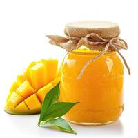 AI generated A jar of homemade mango jam with fresh mango, isolated on a white background. Ai Generated. photo