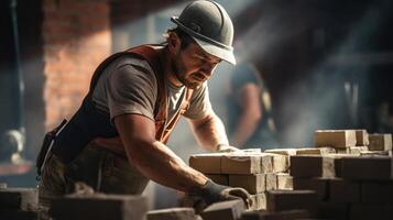 AI generated Close-up of an industrial bricklayer installing bricks on a construction site. Ai Generated photo