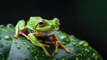 ai generado adorable árbol rana encaramado en un hoja en contra un negro fondo, ai generado. foto