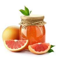 AI generated Tangy grapefruit jam marmalade jelly preserves in a glass jar, accompanied by fresh grapefruits, presented on a clean white backdrop, Ai Generated. photo