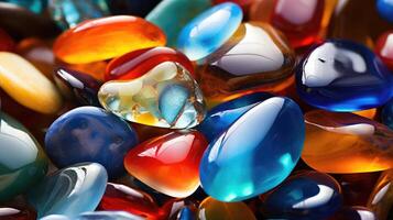 AI generated Close-up captures glossy, multicolored glass stones against a soft focus background. Ai Generated. photo