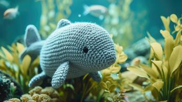 AI generated Crocheted dugong toy vibrant backdrop, handcrafted and adorable, Ai Generated photo