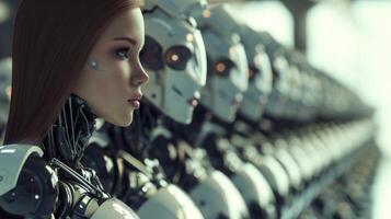 AI generated Cyborg woman stands amidst a row of robots in the background, Ai Generated. photo