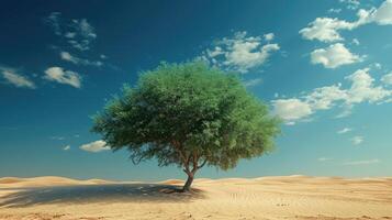 ai generado un elástico verde árbol soportes en medio de el desierto, un símbolo de de la vida resistencia, ai generado. foto