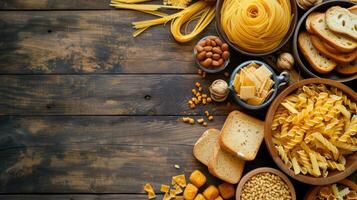 AI generated Top view of a wooden background showcasing various gluten-free pasta, bread, and snacks, Ai Generated. photo