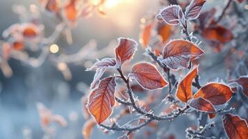 AI generated Winter's touch adorns tree leaves in frost, a delicate icy elegance emerges, Ai Generated. photo