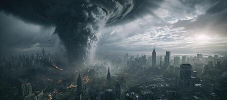 AI generated A massive tornado dominates the cityscape, a tempestuous storm swirling over the Earth, Ai Generated. photo