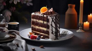 AI generated Real shot captures the essence of a delectable cake and its inviting slices. Ai Generated photo