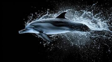 AI generated A cute dolphin leaps amid splashes on a black backdrop. Ai Generated. photo