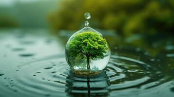 ai generado un pequeño verde isla encapsulado dentro un agua gota, simbolizando ambiental conservación. ai generado. foto