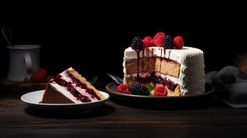 AI generated Real shot captures the essence of a delectable cake and its inviting slices. Ai Generated photo