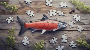 AI generated Adorable salmon enjoying a clever jigsaw puzzle, Ai Generated. photo