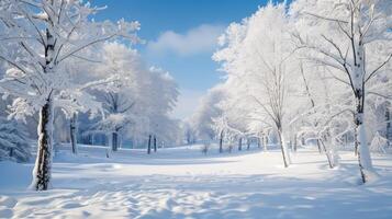 ai generado encantador invierno paisaje con arboles encapotado en nieve, un sereno bosque adornado en de la naturaleza blanco atuendo. ai generado foto