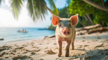 AI generated Small pig stands on the beach, palm trees swaying in the breeze behind it, Ai Generated. photo