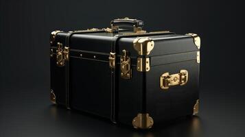 AI generated Elegant black suitcase with gold handles set against a sleek black backdrop. Ai Generated. photo