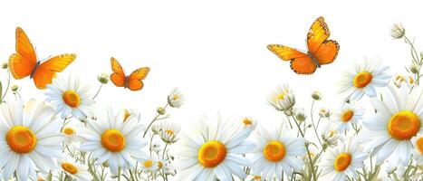 AI generated Delicate daisies and graceful butterflies form a charming frame or border, seamlessly adorning backgrounds, Ai Generated. photo