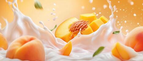 AI generated Peach and mango blend into milk, yogurt, sour cream, creating a refreshing splash, Ai Generated. photo