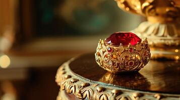 AI generated Intricate gold-red jewel glimmers on table, adding opulent elegance. Ai Generated photo