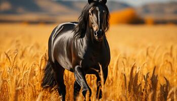 ai generado majestuoso caballo corriendo gratis en hermosa prado a puesta de sol generado por ai foto