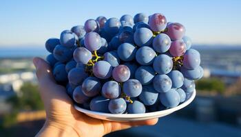 AI generated Hand holding ripe grape bunch in vineyard, celebrating summer harvest generated by AI photo