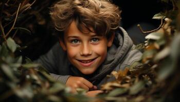 AI generated Smiling boys enjoying nature, playful and carefree in autumn forest generated by AI photo