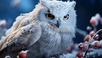AI generated Eagle owl perching on branch, staring with piercing yellow eyes generated by AI photo