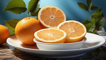 AI generated Fresh citrus fruits on a wooden table, vibrant and healthy generated by AI photo