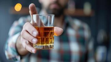 AI generated man avoids drinking whiskey. Ai Generated photo