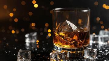 AI generated Whiskey glass, ice cubes, sleek black backdrop, Ai Generated. photo